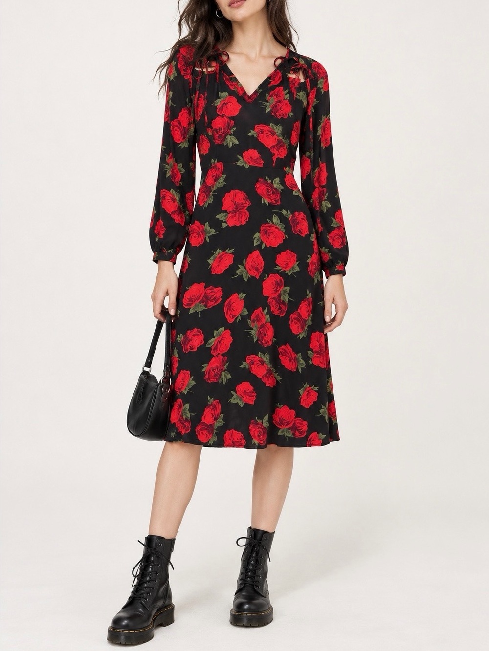 Topshop Black Red Rose Floral Long Sleeve Cutout Midi Dress Size 2